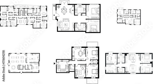 Collection of six different architectural floor plans
