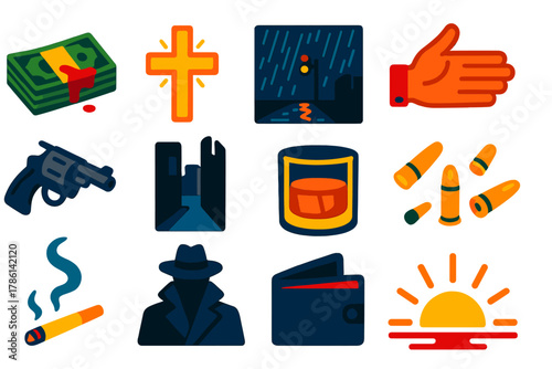Noir Icon Collection. Flat vector icons of Noir Redemption: blood-stained money stack, glowing cross, rain-soaked street, open