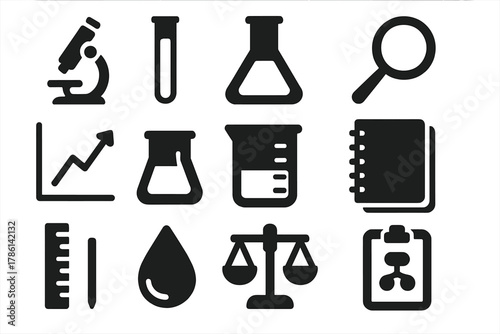 Solid Science Icons. Solid style icons of laboratory and scientific analysis: microscope, test tube, flask, magnifying glass,