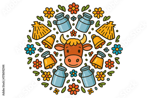 Cow Mandala Artwork. Cow head in the center with milk cans, bells, hay, and flowers arranged in a circular mandala pattern, bright