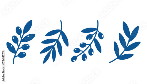 Four stylized blue olive branches with olives and leaves on a white background vector