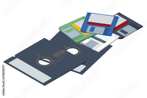 An isometric set of 3.5-inch floppy diskettes, a key piece of vintage computer hardware, symbolizing retro data storage and old digital technology