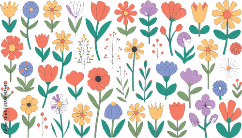 Large Set of Colorful Abstract and Cute Cartoon Flowers, Leaves, and Floral Elements for Spring and Decoration.