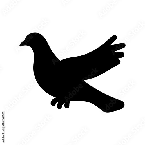 A minimalist black silhouette illustration of a dove in mid flight stance