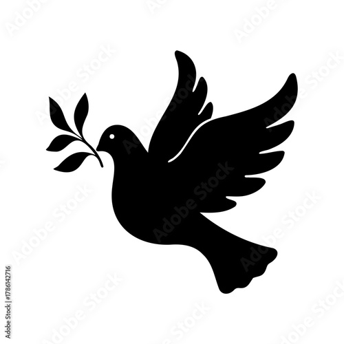 Peaceful dove in flight carrying an olive branch, symbol of hope