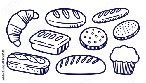 Collection of hand drawn dark blue line art bakery items on white background bread croissant