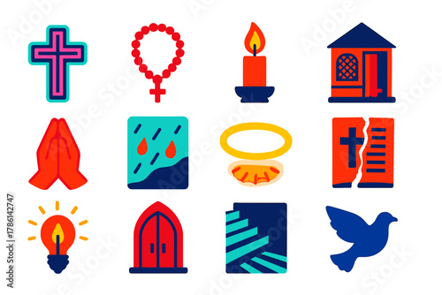 Noir Faith Icons. Flat vector icons of Noir Faith: neon cross, rosary, candle flame, confession booth, folded hands, rain on glass