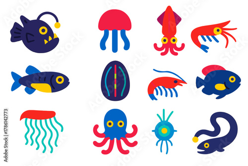 Bioluminescent Sea Icons. Flat vector icons of bioluminescent sea creatures: anglerfish, jellyfish, squid, lanternfish, comb jelly