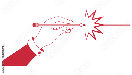 Red hand holding a pencil drawing a red line with a starburst effect on a white background vector