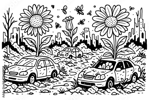 Apocalyptic Garden Scene. Surreal apocalyptic garden where giant flowers grow from cars and glowing fireflies fill the air, black