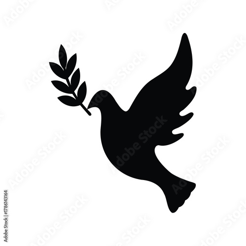 A black silhouette of a dove holding an olive branch in flight