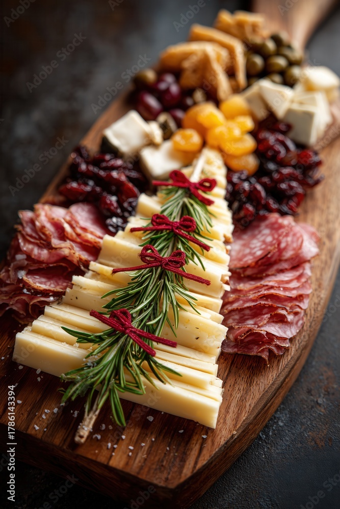 Fototapeta premium Charcuterie board shaped as Christmas tree with meats, cheeses, fruits, nuts, rosemary garlands, star topper. Elegant holiday snack platter, creative festive grazing vibe.
