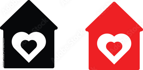 Home love icon set. Sweet Home Symbols. House and heart icons. Property affection and care symbols