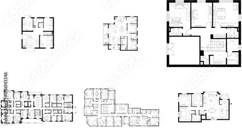 Set of six diverse architectural floor plans for residential units