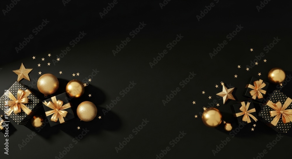 Fototapeta premium Luxurious black and gold Christmas background with gift boxes, stars, and glossy ornaments