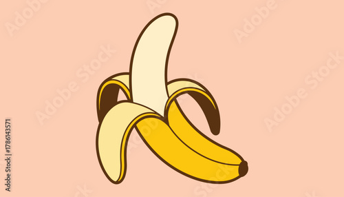 A stylized graphic illustration of a partially peeled yellow banana with a brown outline on a pale peach background
