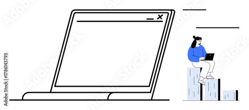 Minimalist scene of a large computer screen interface with a person sitting on bars holding a laptop. Ideal for technology, productivity, remote work, innovation, data, growth, and digital progress