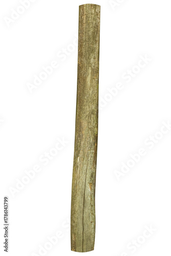 Old cracked wooden fence post with rough bark is isolated.