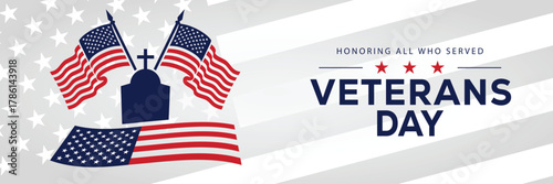 Veterans Day banner with a soldier silhouette saluting, flanked by American flags, set against a background of stars and stripes. Honors veterans and service members who served the USA.