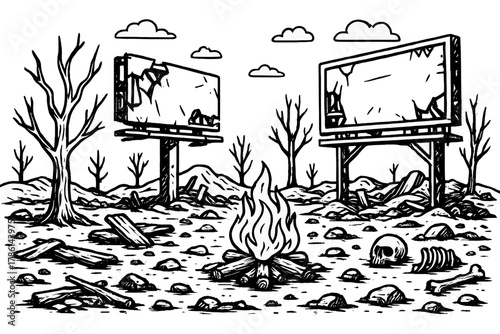 Post-Apocalyptic Campfire Scene. Post-apocalyptic wasteland with destroyed billboards, lonely survivor’s campfire, and skeletal