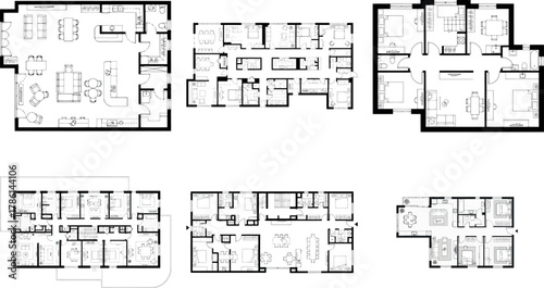 Collection of six different floor plan layouts, architectural blueprints for residential buildings