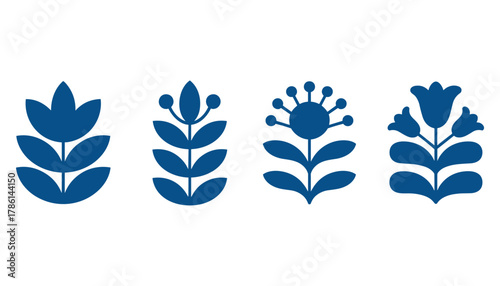 Four stylized blue floral motifs on a white background with distinct petal and leaf shapes flower