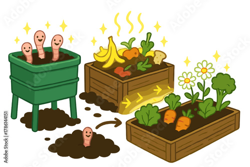 Joyful Composting Process. Composting hub with worms smiling, scraps glowing, and soil turning into cheerful garden beds No text,