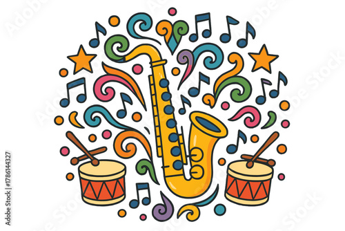 Jazz Mandala Symphony. Saxophone in the center with swirls, notes, stars, and drums arranged in jazzy mandala symmetry, bright
