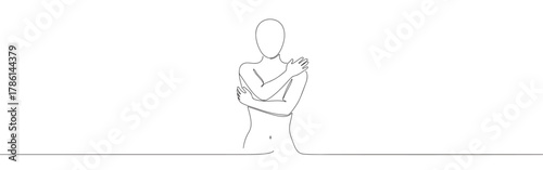 Continuous one line drawing of a person hugging themselves. Concept of self-love, comfort and loneliness
