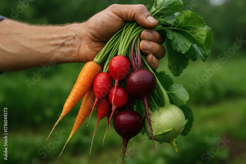 A person’s hand holding a bunch of fresh, vibrant vegetables including carrots, radishes, beets, and kohlrabi, with droplets of water, set against a green, farm-like background