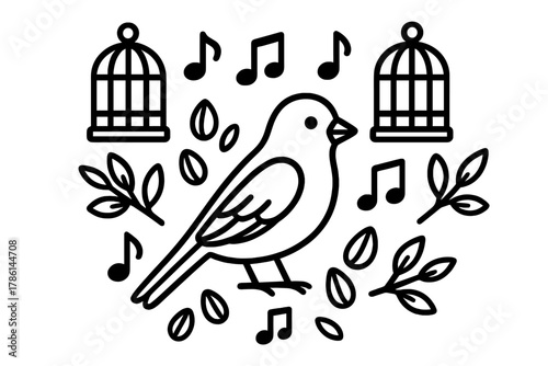 Canary Symphony Coloring Page. Canary bird in the center with musical notes, cages, seeds, and branches placed symmetrically