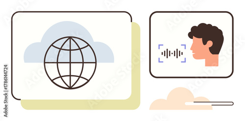 Globe within cloud symbolizing global reach and connection, next to profile with soundwave for voice recognition. Ideal for technology, AI, communication, networking, translation, accessibility