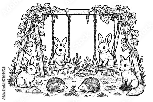 Nature Reclaims Playground. Old playground overtaken by ivy and moss, with rabbits, hedgehogs, and foxes playing on broken swings,