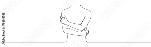 Continuous one line drawing of a person hugging themselves. Concept of self-love, comfort and loneliness
