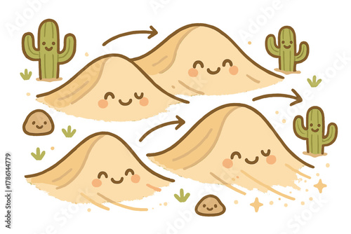 Cheerful Dune Migration. Cute doodle migrating dune fields with cheerful dunes sliding, cartoon arrows indicating movement,