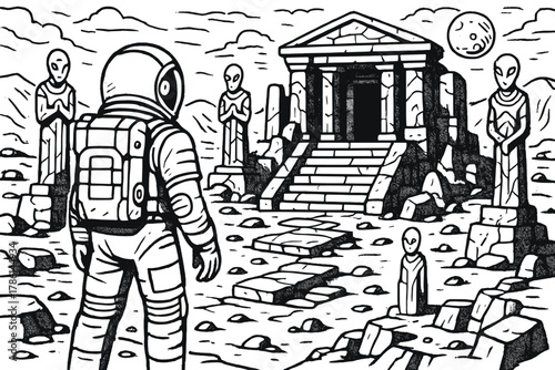 Astronaut Uncovers Alien Ruins. Astronaut discovering ruins of an alien temple on a barren planet with mysterious statues, black