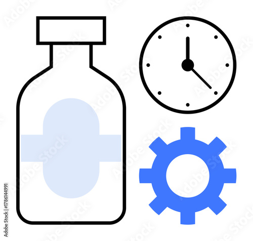 Medical bottle, clock, gear representing healthcare, efficiency, treatment, process, punctuality, health improvement optimization. Ideal for medicine pharmacy productivity precision healthcare