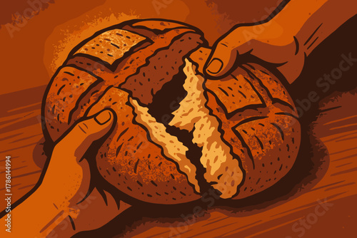 Warm Bread Breaking. Rustic loaf of bread being pulled apart by hands illuminated by warm ambient light, bold vector illustration