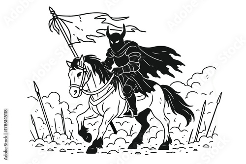 Shadow Knight Ride. Shadowy knight on horseback carrying a tattered banner, riding through a foggy battlefield, black and white