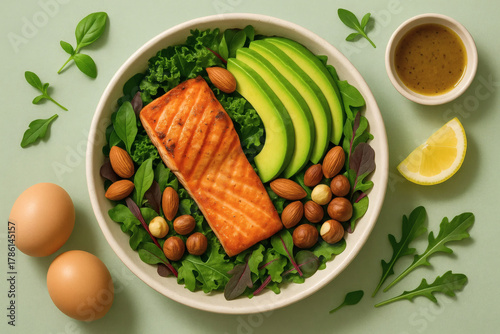 A healthy salad with grilled salmon, avocado slices, mixed greens, almonds, hazelnuts, and a lemon wedge, served with a side of homemade dressing and fresh eggs