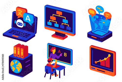 Future Linguistics Icons. Isometric vector illustration set Future of Historical Linguistics: AI translation software, digital