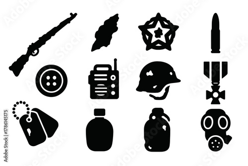 War Artifacts Icons. Solid style icons of analyzing artifacts from recent wars: rusted rifle, shrapnel fragment, military badge,