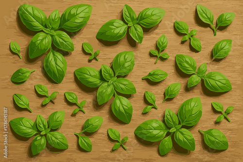 Basil on Wood. Minimalist composition of fresh green basil leaves scattered on a textured wooden surface, vibrant and earthy tones