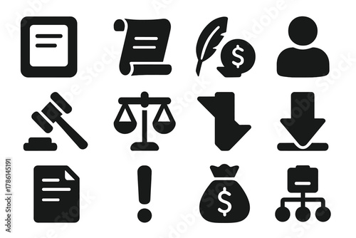 Ancient Debt Forgiveness Icons. Solid style icons of ancient debt forgiveness laws: tablet, scroll, quill, coin, human silhouette,