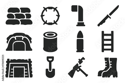 Trench Warfare Icons. Solid style icons of trench warfare remains: sandbag wall, barbed wire coil, periscope, bayonet, dugout