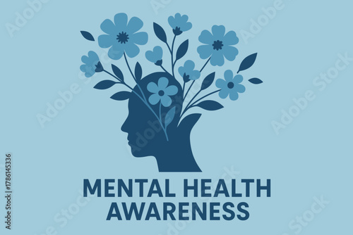 Mental Health Bloom. Minimal vector poster promoting mental health awareness, calm blue tones, abstract human head silhouette with