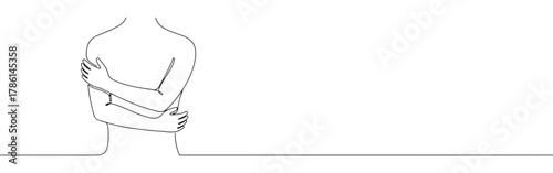 Continuous one line drawing of a person hugging themselves. Concept of self-love, comfort and loneliness