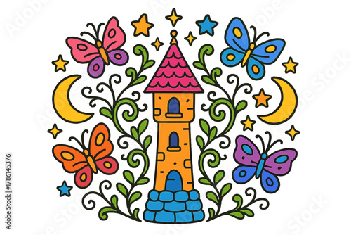 Whimsical Tower Mandala. Fairy tale tower in the center with butterflies, vines, moons, and stars forming a whimsical mandala