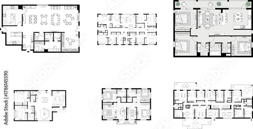 Collection of six architectural floor plans showing apartment layouts