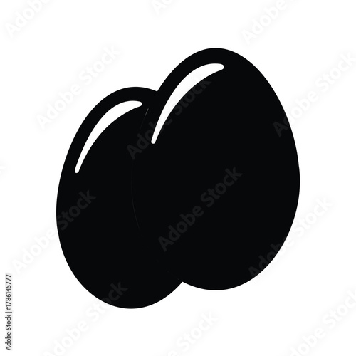 Two shiny smooth black pebbles resting closely together on a white background